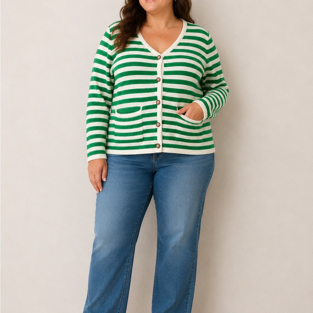 entro‎ cotton blend Green and Cream Striped Knit cardigan L